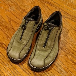 EUC Olive green suede slip ons